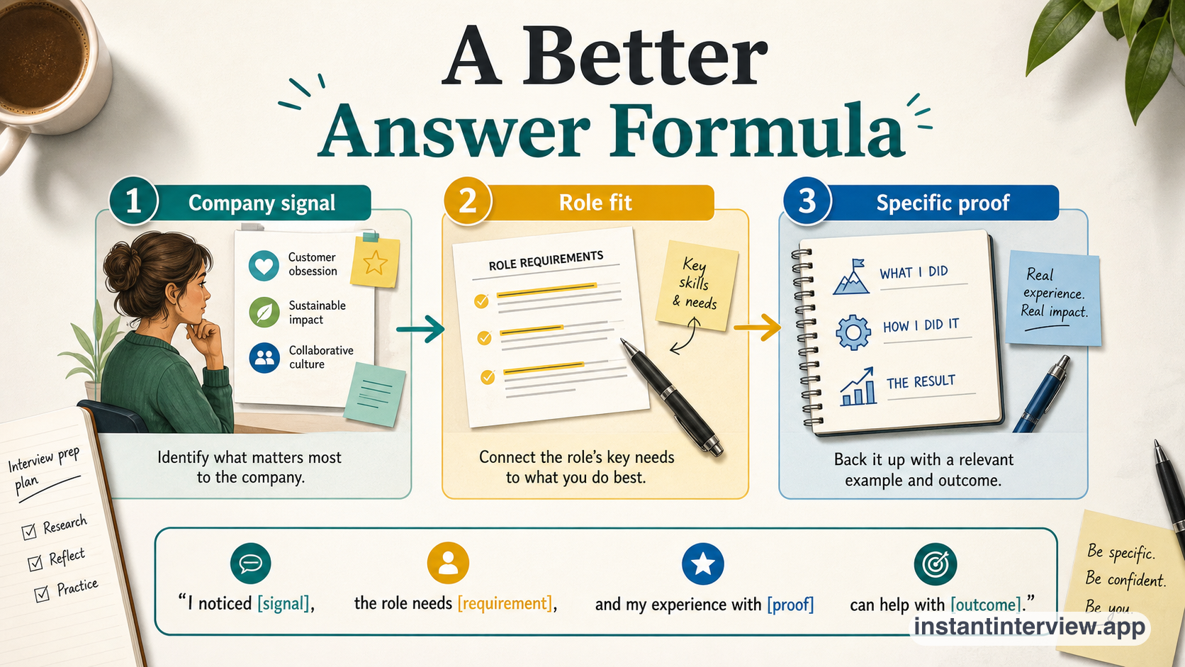 Infographic showing a better answer formula for why do you want to work for us: company signal, role fit, and specific proof